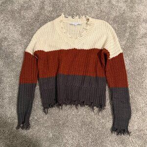 HYEVE Color Block V-Neck Distressed Sweater